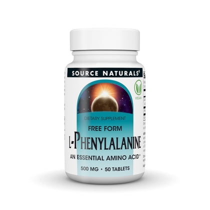 Source Naturals Free Form L-Phenylalanine 500 mg tablets front view