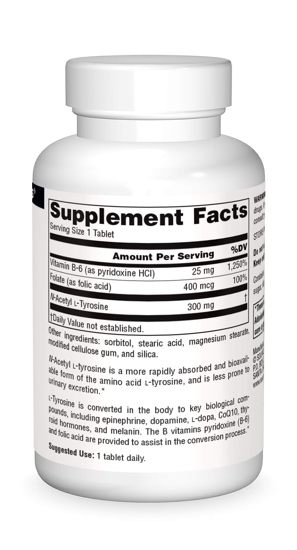 Source Naturals N-Acetyl L-Tyrosine 120 Tablets back view with ingredients