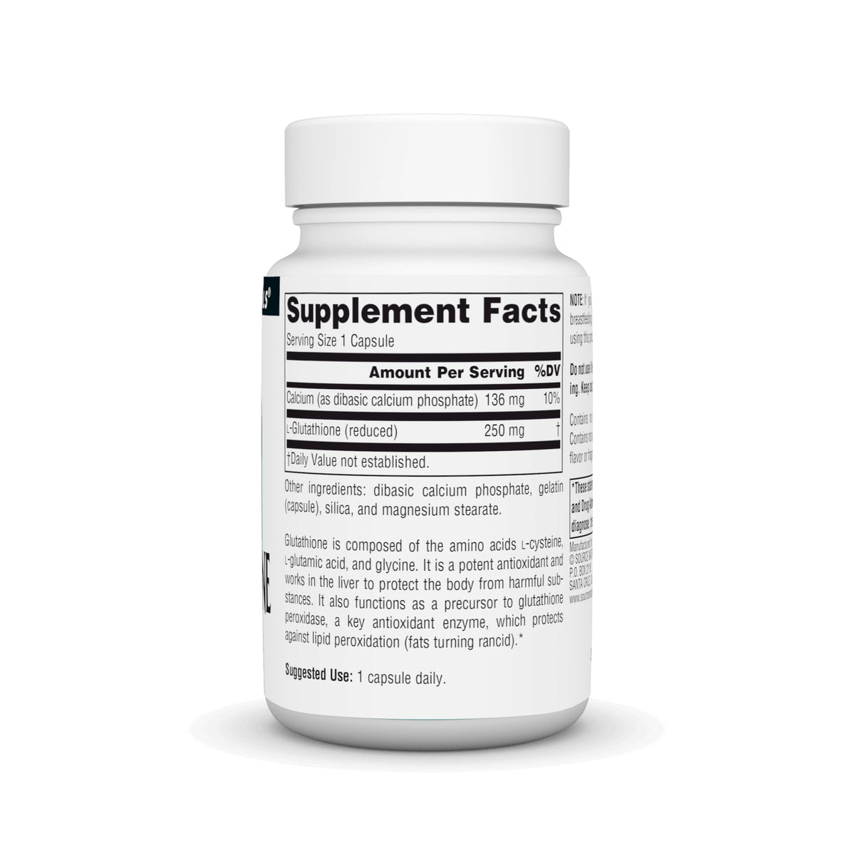 Source Naturals Reduced Glutathione 250 mg 30 Capsules side view