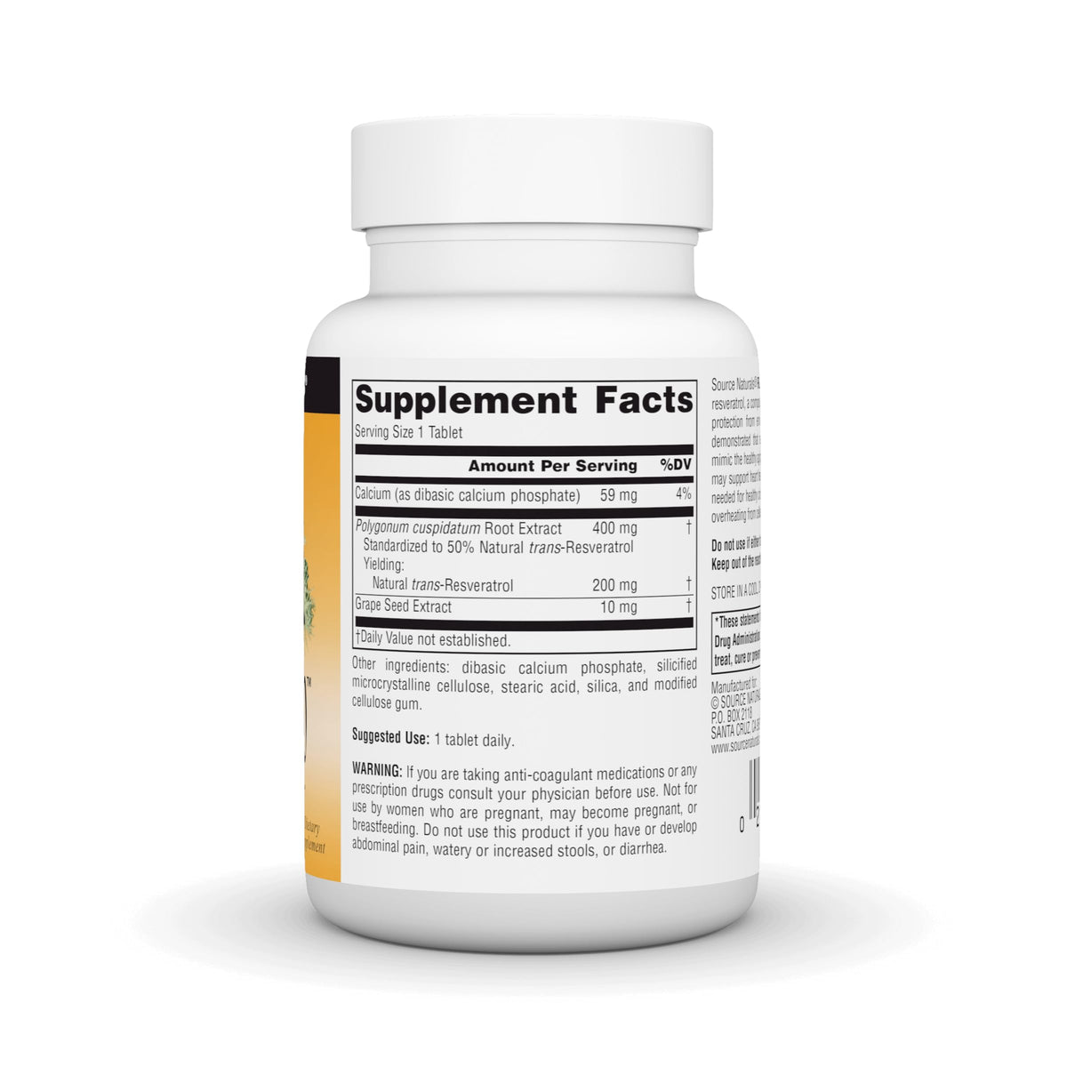 Source Naturals Vegan Resveratrol 200 mg 60 Tablets back view