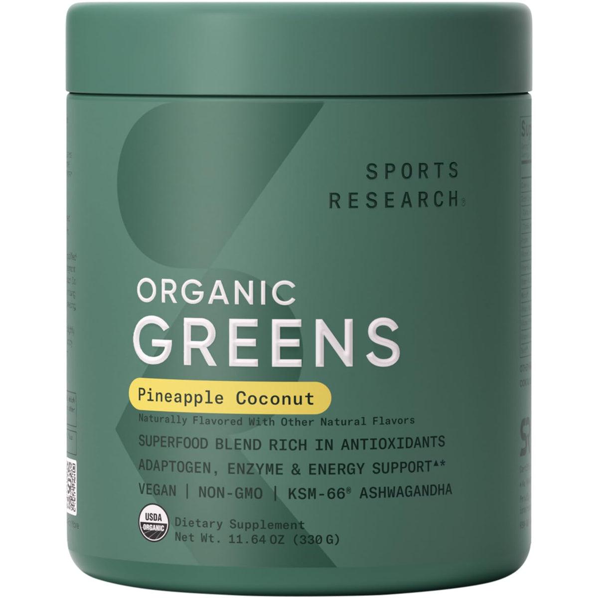 Sports Research Organic Greens Superfood Powder 11.6oz Pineapple Coconut front view