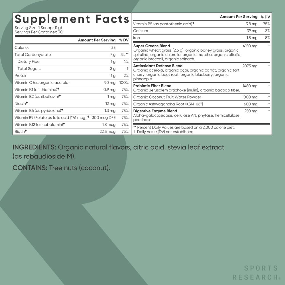 Sports Research Organic Greens Superfood Powder 11.6oz Pineapple Coconut serving suggestion