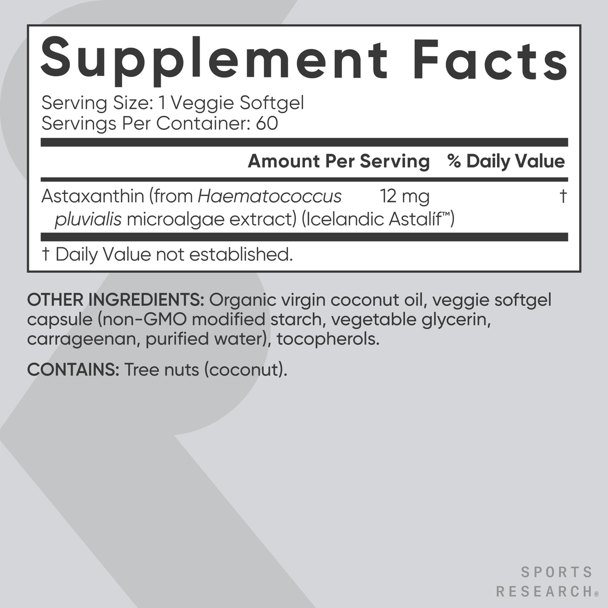 Sports Research Vegan Astaxanthin 12mg capsules on a wooden table