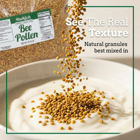 Stakich Bee Pollen Granules sprinkled on yogurt