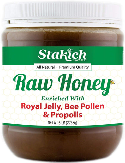 Stakich Royal Jelly Bee Pollen Propolis Honey 80 oz jar front view