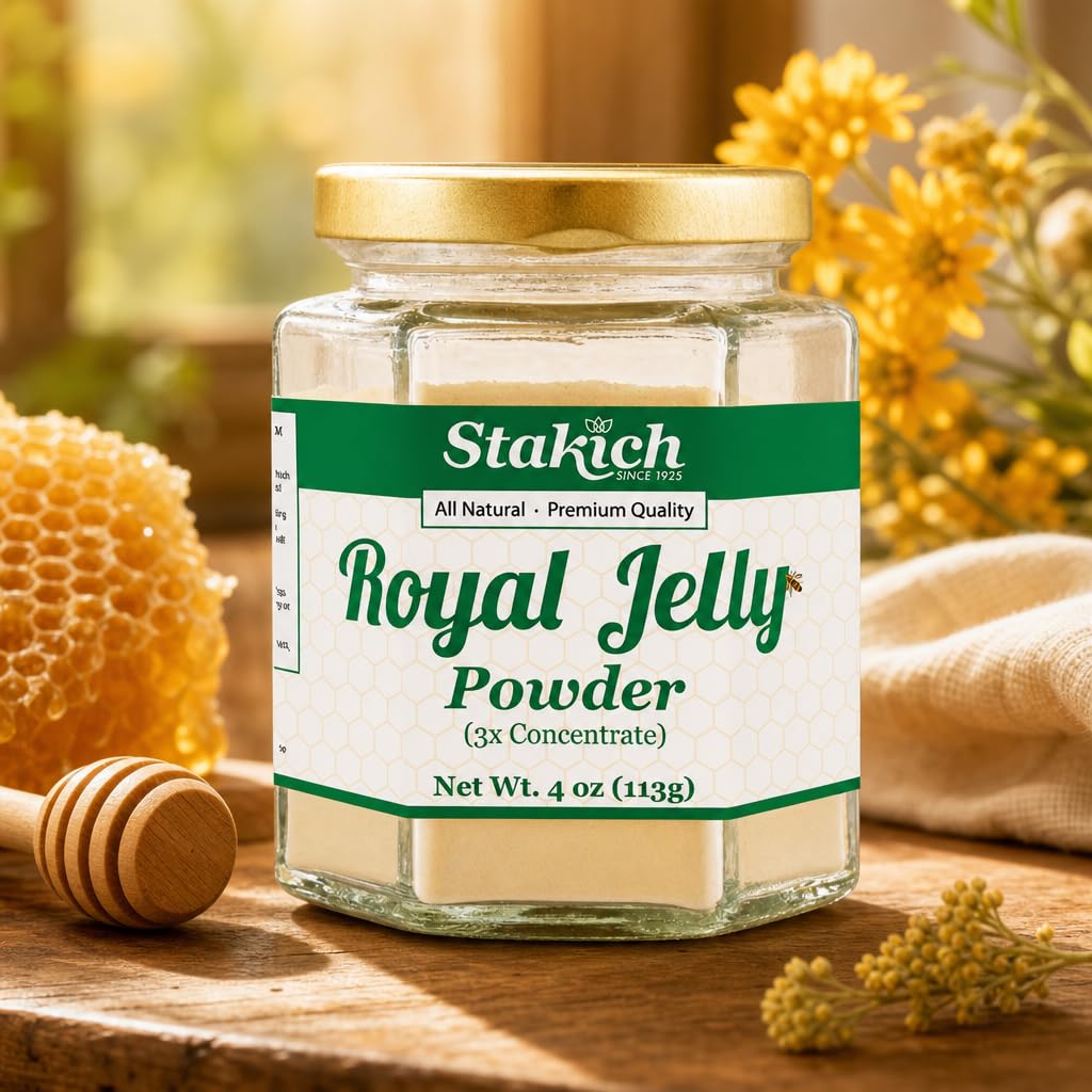 Stakich Royal Jelly Powder 3X Concentrate with a spoon