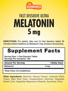 Sundance Melatonin 5mg Tablets showing fast dissolve feature
