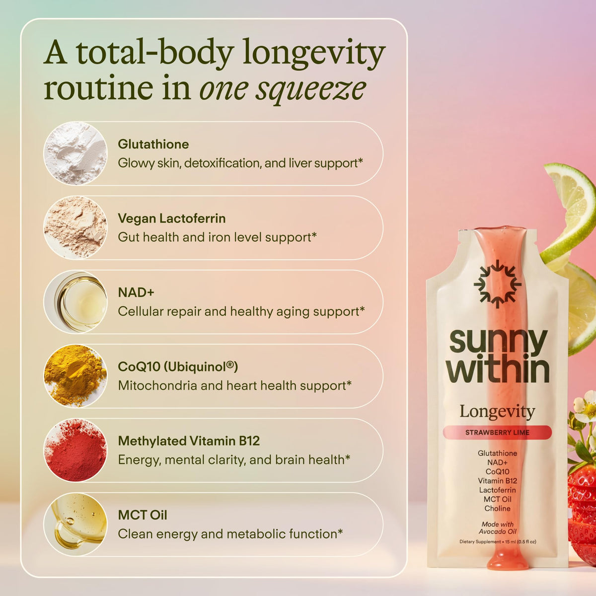 Sunny Within Liposomal Glutathione Supplement pouch with liquid inside