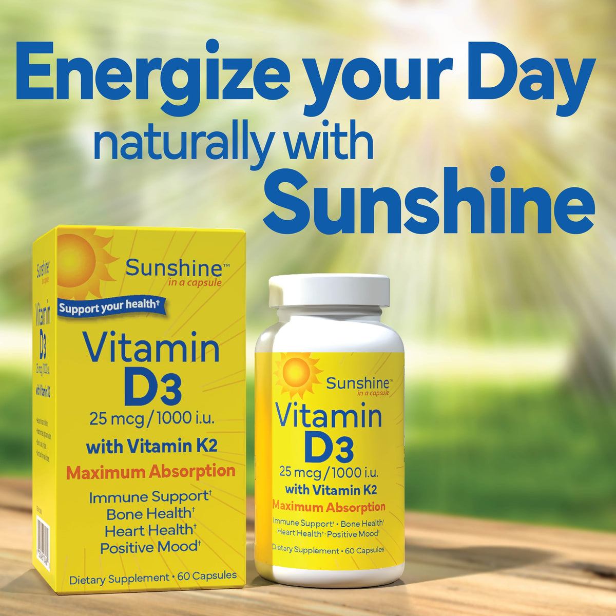 Sunshine Vitamin D3 25mcg 1000 IU with K2 capsules