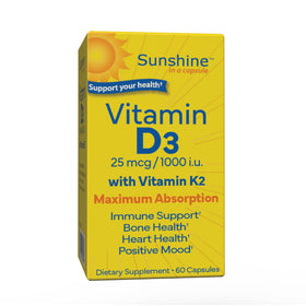 Sunshine Vitamin D3 25mcg 1000 IU with K2 front view