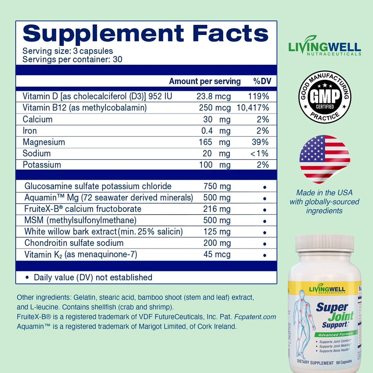 SUPER JOINT SUPPORT Glucosamine Chondroitin & MSM capsules in a hand