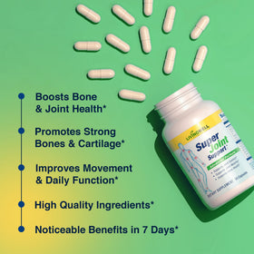 SUPER JOINT SUPPORT Glucosamine Chondroitin & MSM capsules on a wooden table