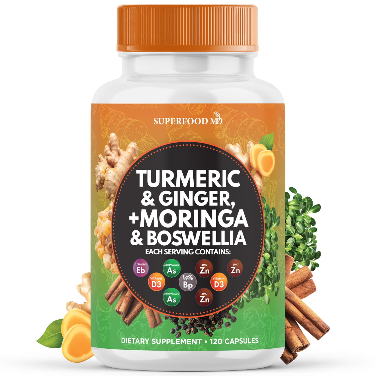 Superfood MD Turmeric Moringa Supplement 120 Count front view