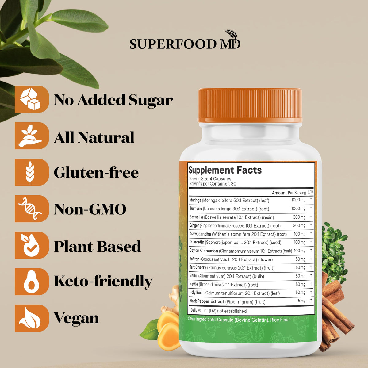 Superfood MD Turmeric Moringa Supplement packaging side view