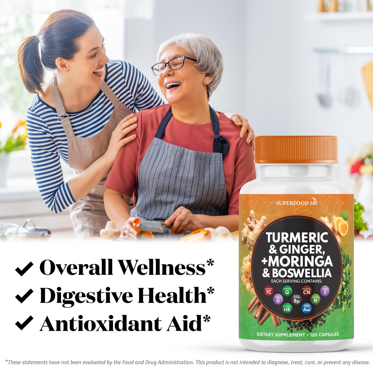 Superfood MD Turmeric Moringa Supplement with ingredients displayed