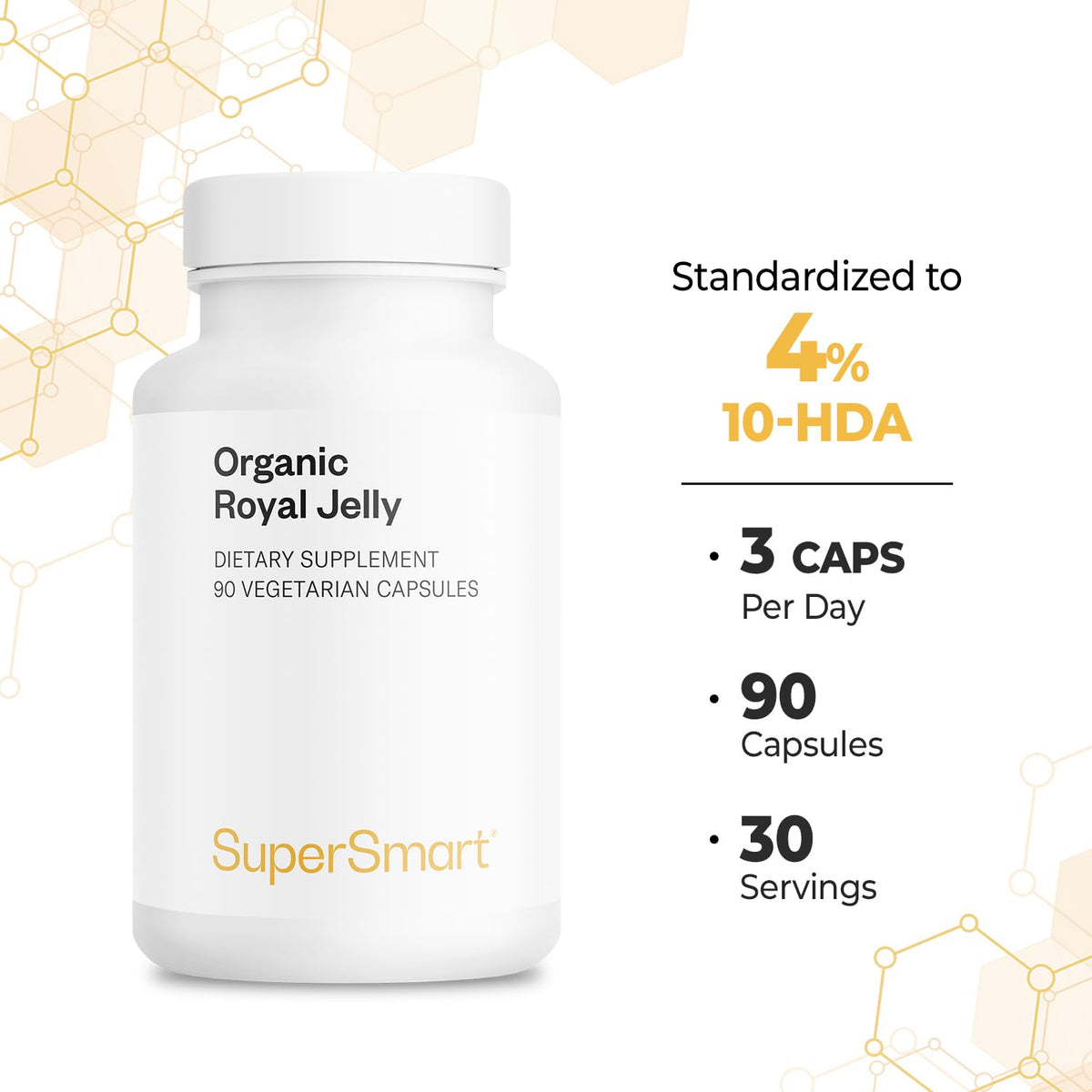 Supersmart Organic Royal Jelly 300mg capsules on a wooden table