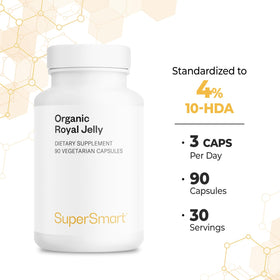 Supersmart Organic Royal Jelly 300mg capsules on a wooden table