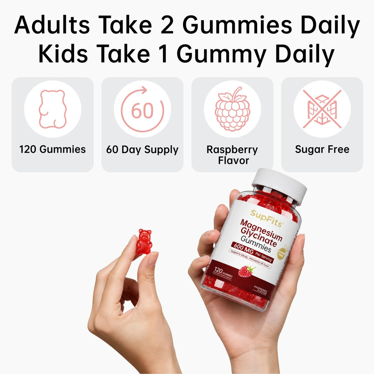 Supfits Magnesium Glycinate Gummies 600mg raspberry flavour on a table