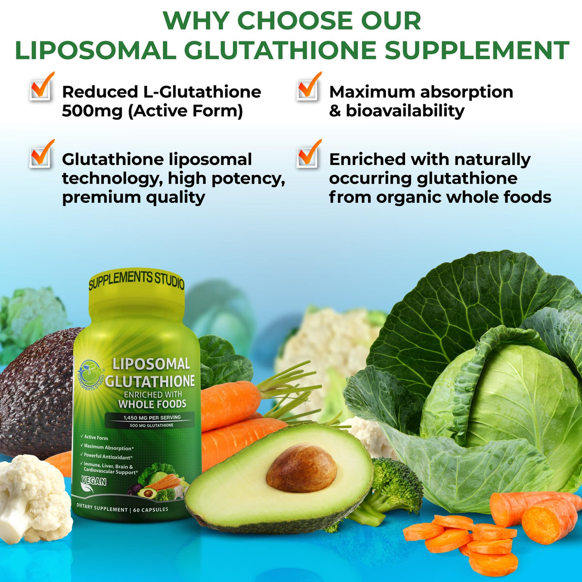 SUPPLEMENTS STUDIO Liposomal Glutathione Supplement 500mg side view