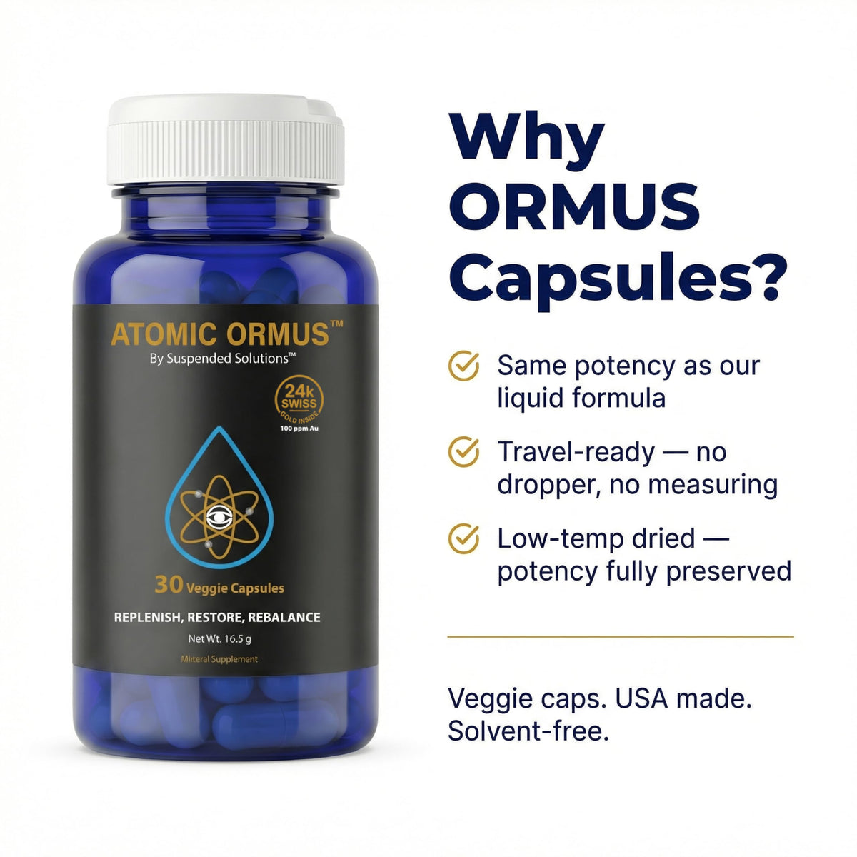 Suspended Solutions Atomic Ormus Capsules close-up of 24K gold content
