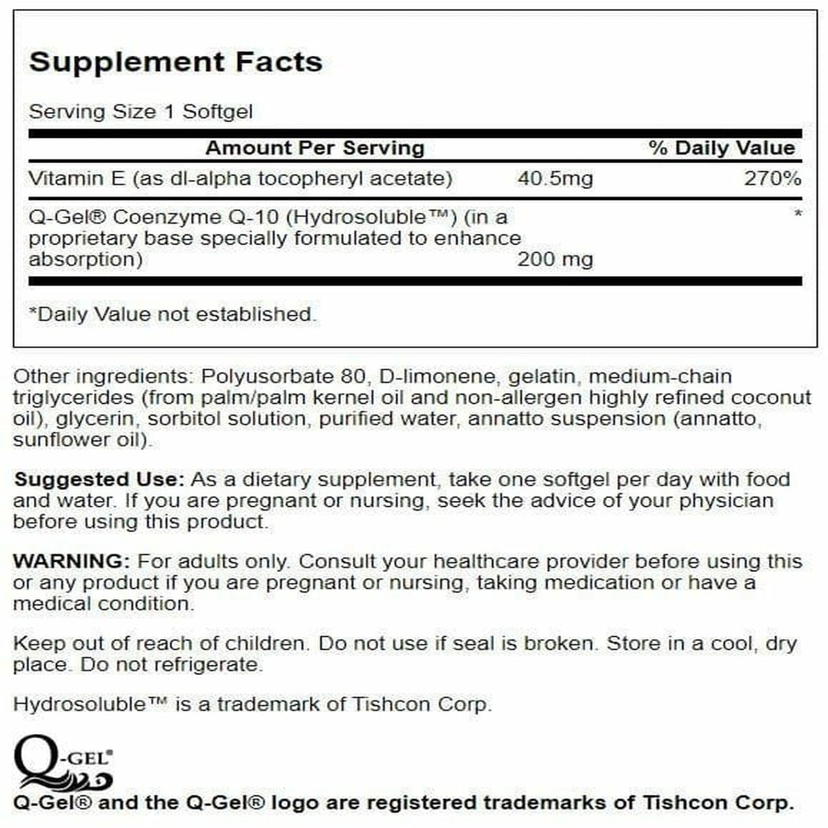 Swanson Q-Gel Mega 200 mg CoQ10 softgels side view