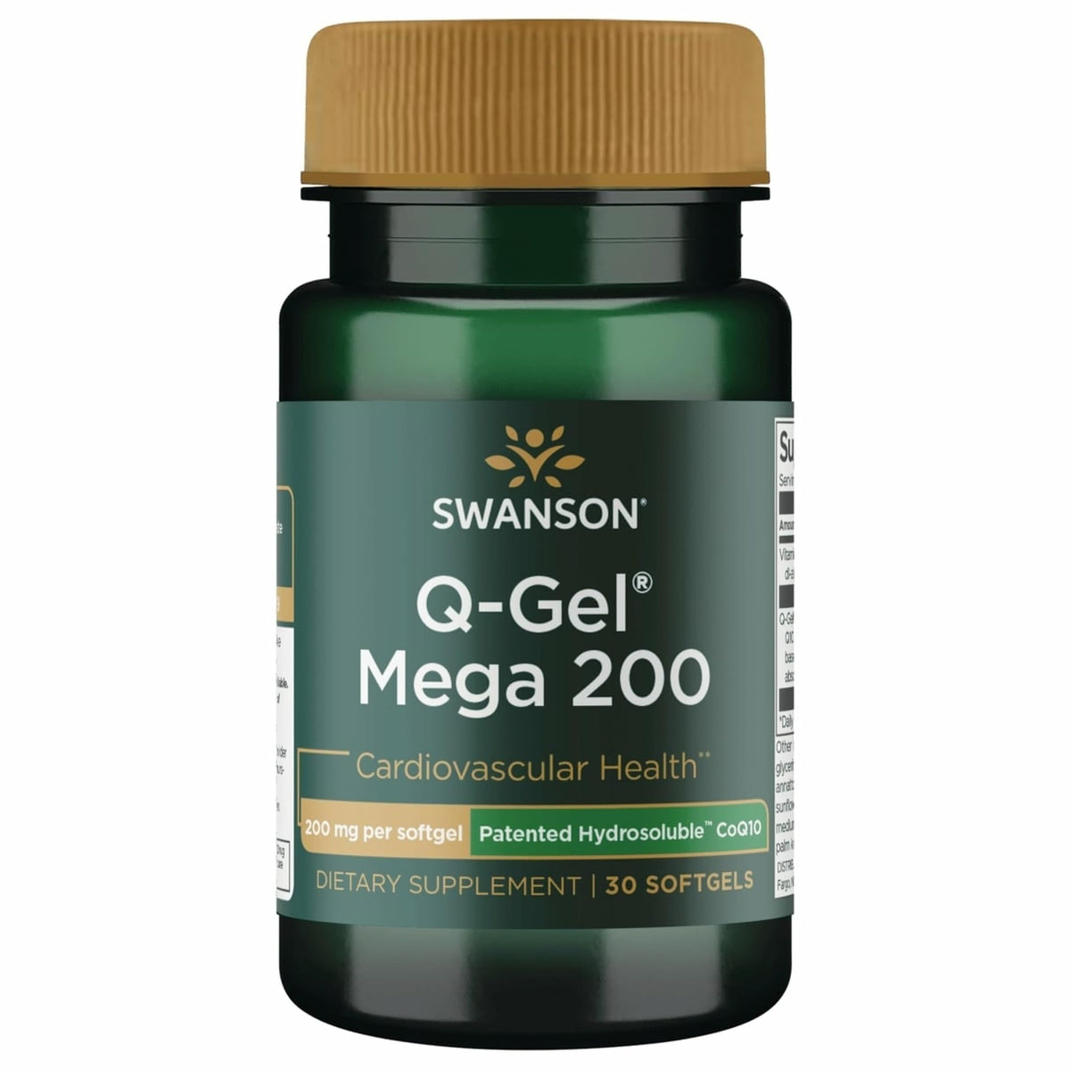 Swanson Q-Gel Mega 200 mg Hydrosoluble CoQ10 softgels front view