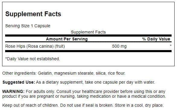 Swanson Rose Hips 500mg capsules side view