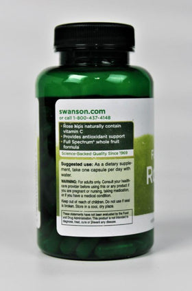 Swanson Rose Hips supplement bottle with capsules scattered