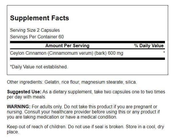 Swanson True Cinnamon 120 capsules side view