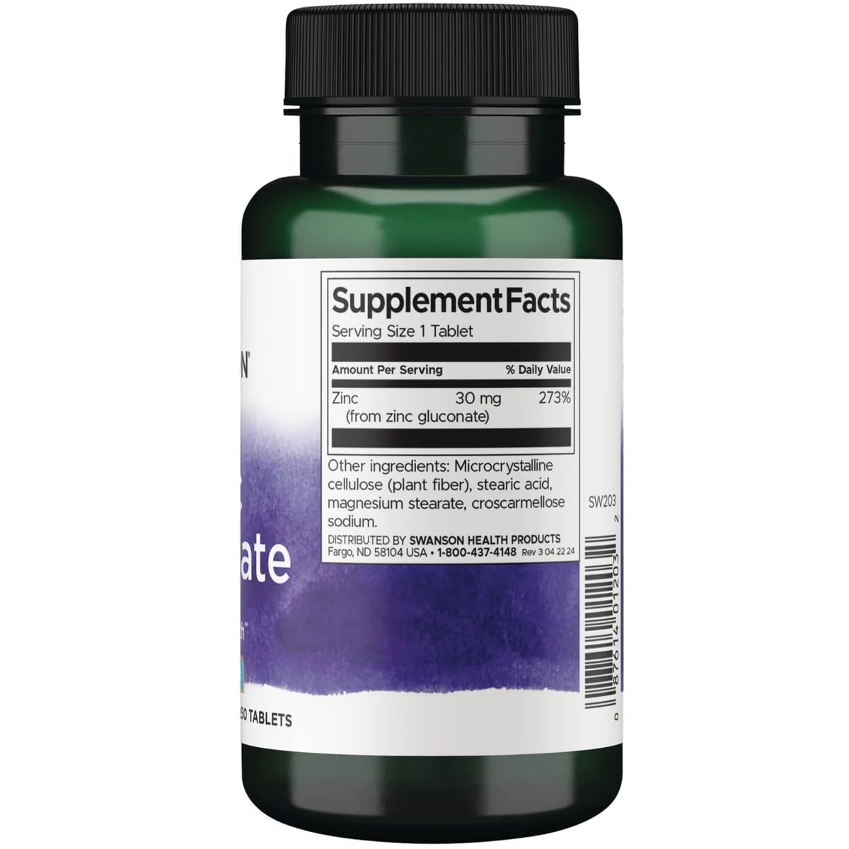 Swanson Zinc Gluconate 250 Tablets side view