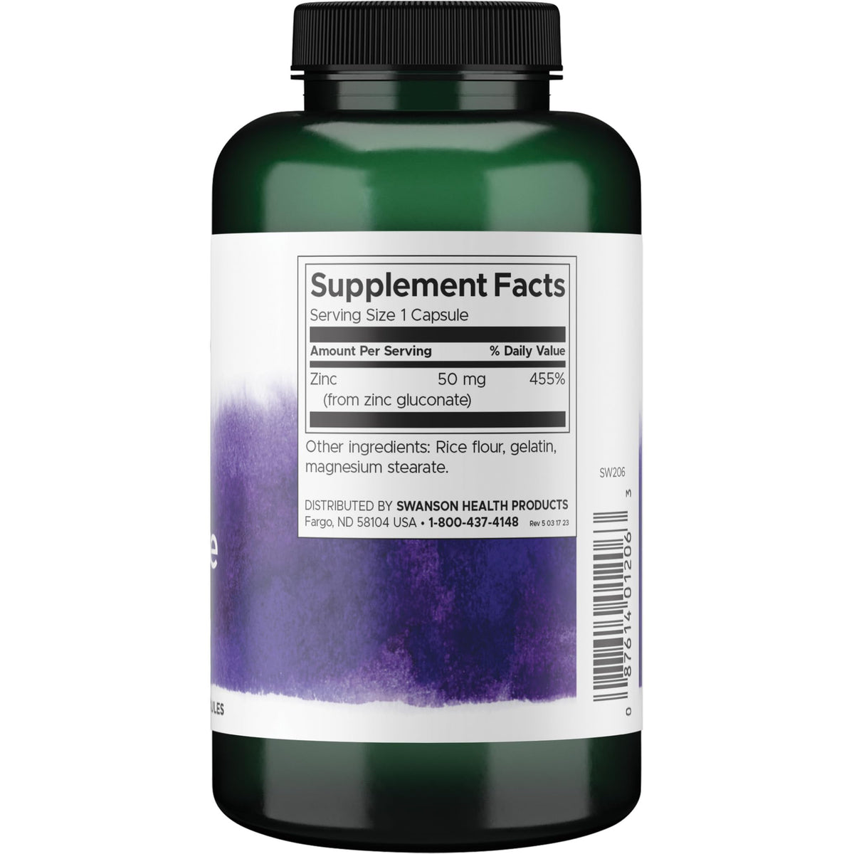 Swanson Zinc Gluconate 50 mg capsules bottle back view