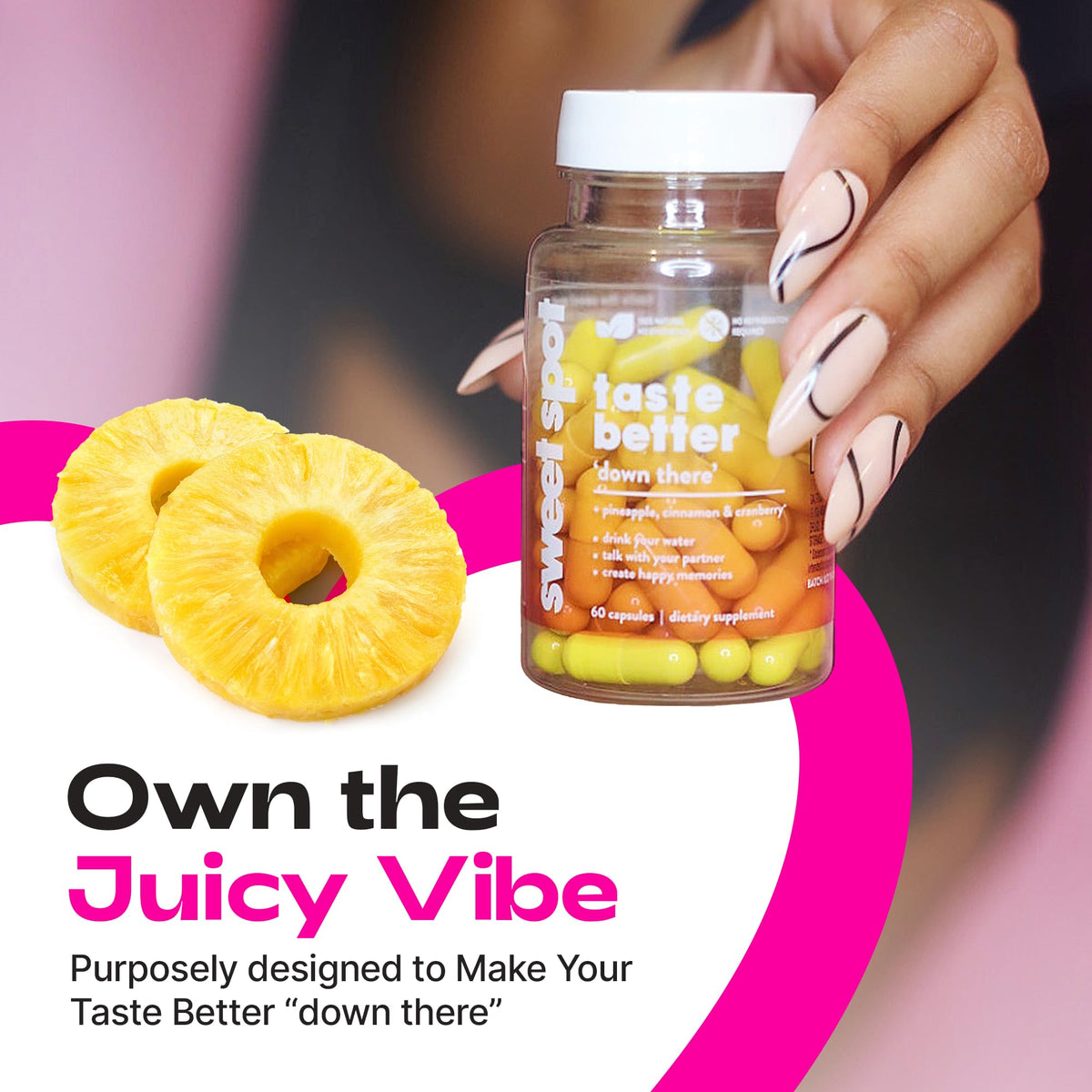 TASTE THE SWEET SPOT Pineapple & Cranberry capsules on a wooden table