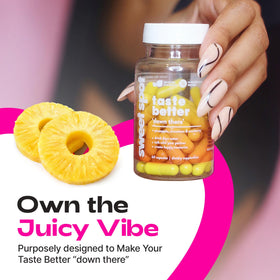 TASTE THE SWEET SPOT Pineapple & Cranberry capsules on a wooden table