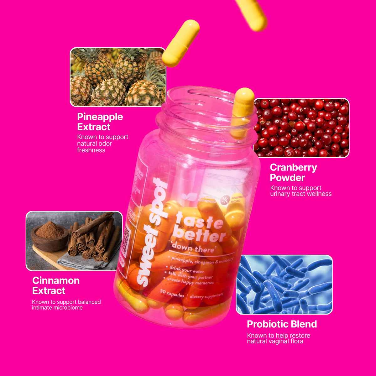 TASTE THE SWEET SPOT Pineapple & Cranberry supplement packaging
