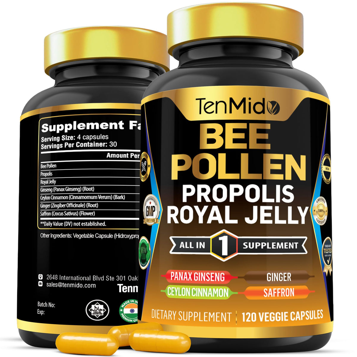 Tenmido Bee Pollen Capsules 120 count bottle front view