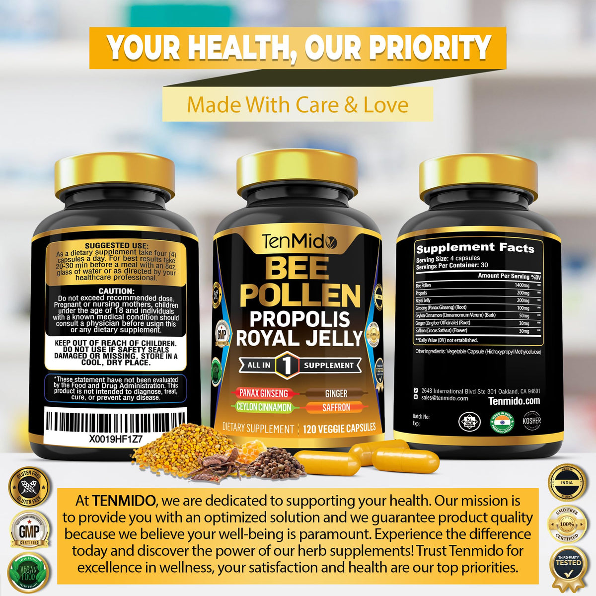 Tenmido Bee Pollen Capsules in a lifestyle setting