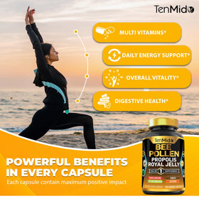Tenmido Bee Pollen Capsules on a wooden table