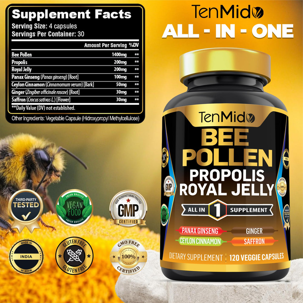 Tenmido Bee Pollen Capsules showing the label and ingredients