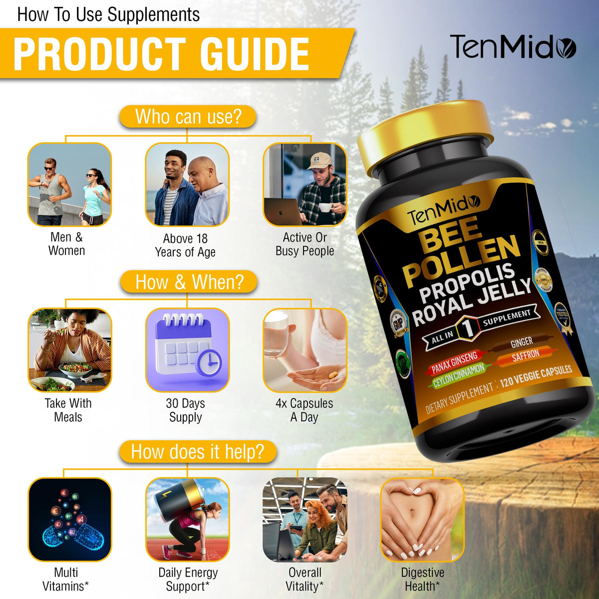 Tenmido Bee Pollen Capsules with natural ingredients