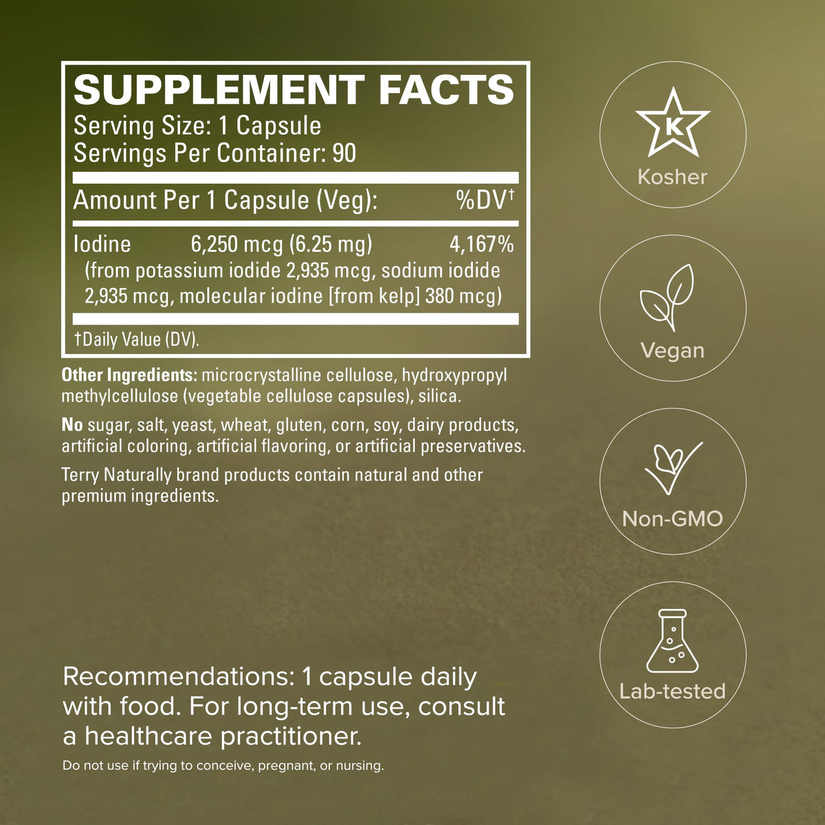 Terry Naturally Tri-Iodine 6.25 mg supplement bottle with a measuring spoon