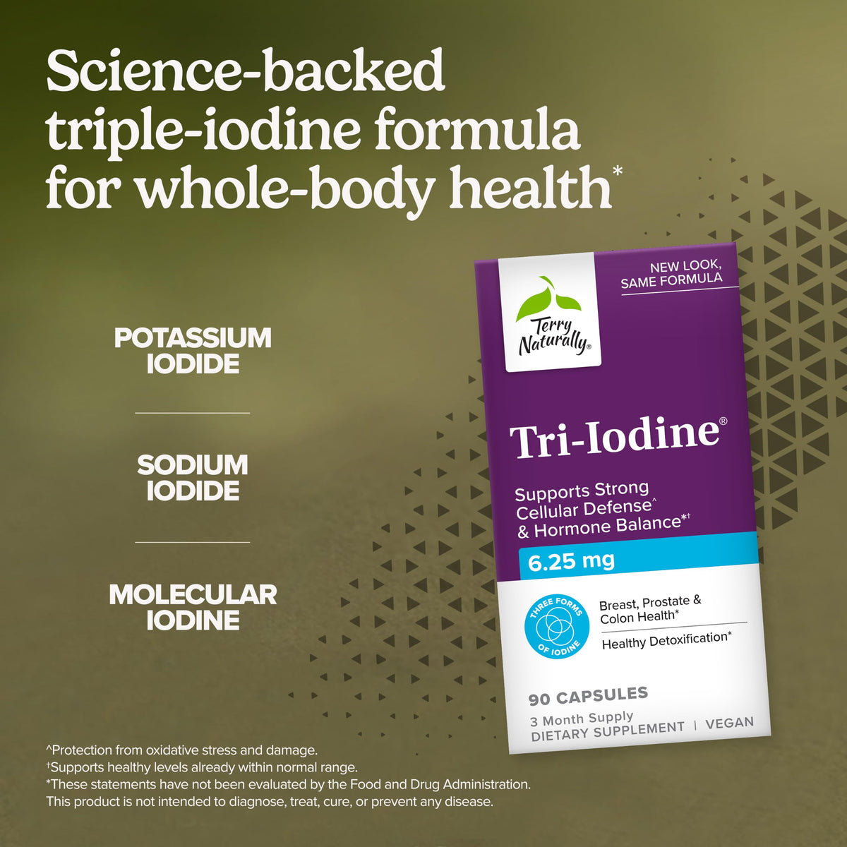 Terry Naturally Tri-Iodine 6.25 mg supplement capsules on a table
