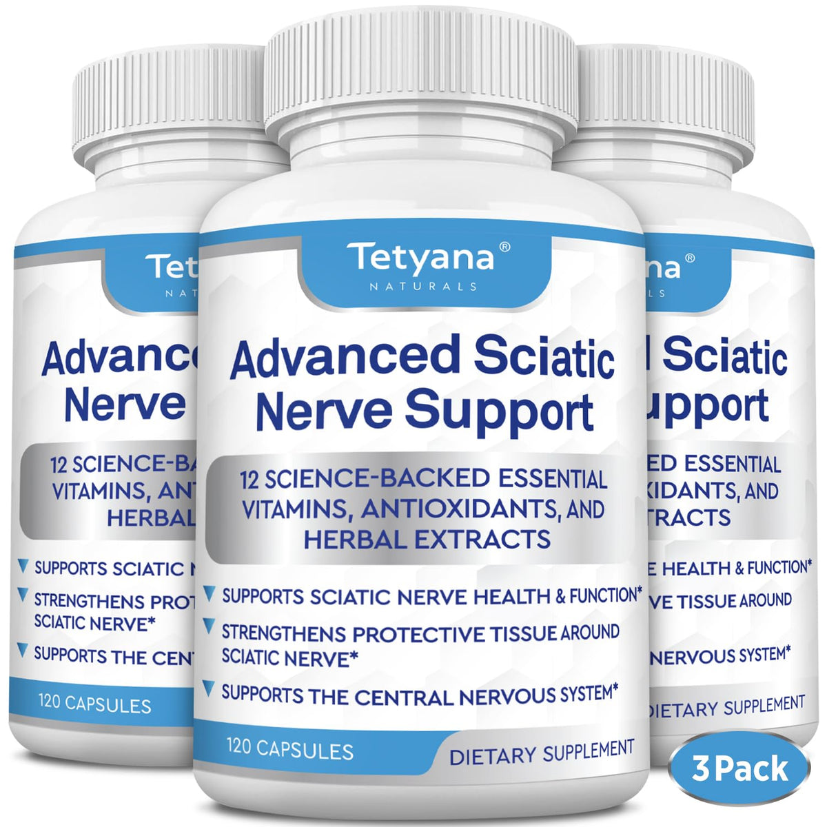 Tetyana Naturals Sciatic Nerve Support Supplement 120 Capsules front view