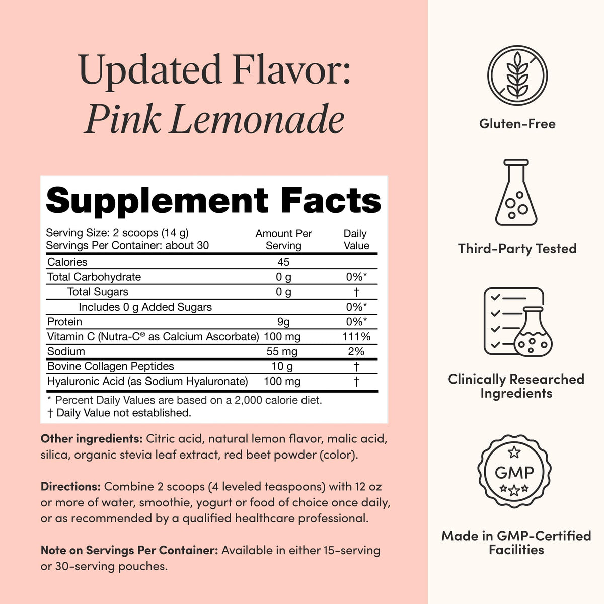 The 'Pause Life Skin & Bone Collagen Peptides powder back view with nutritional information