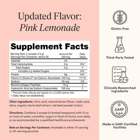 The 'Pause Life Skin & Bone Collagen Peptides powder back view with nutritional information