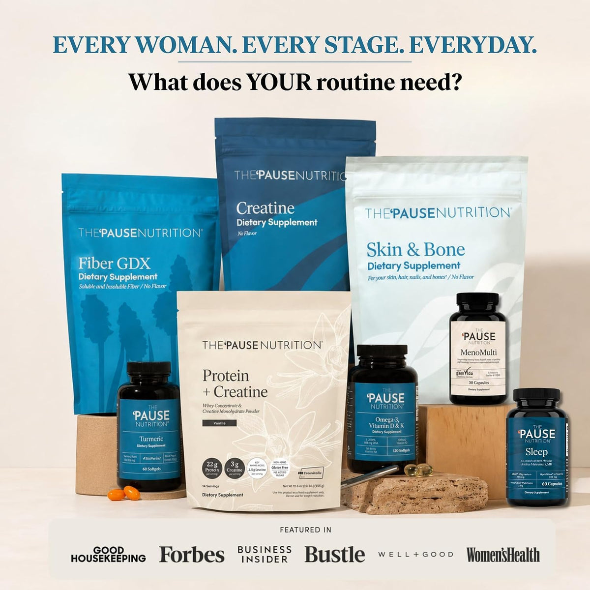 The 'Pause Life Skin & Bone Collagen Peptides powder being mixed in a glass of water