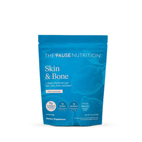 The 'Pause Life Skin & Bone Collagen Peptides powder front view in pink lemonade flavour