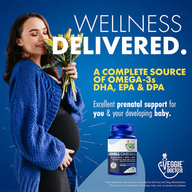 The Veggie Doctor Vegan Omega 3 Supplement bottle with a green background
