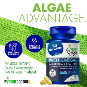 The Veggie Doctor Vegan Omega 3 Supplement capsules with a measuring spoon