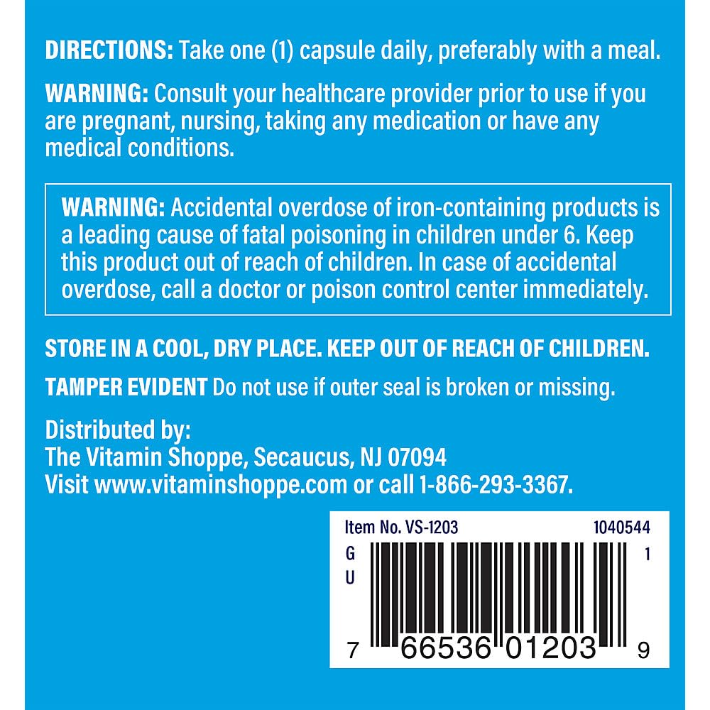 The Vitamin Shoppe Iron 28MG 300 Capsules back view