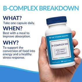 The Vitamin Shoppe Vitamin B-Complex bottle with capsules next to it
